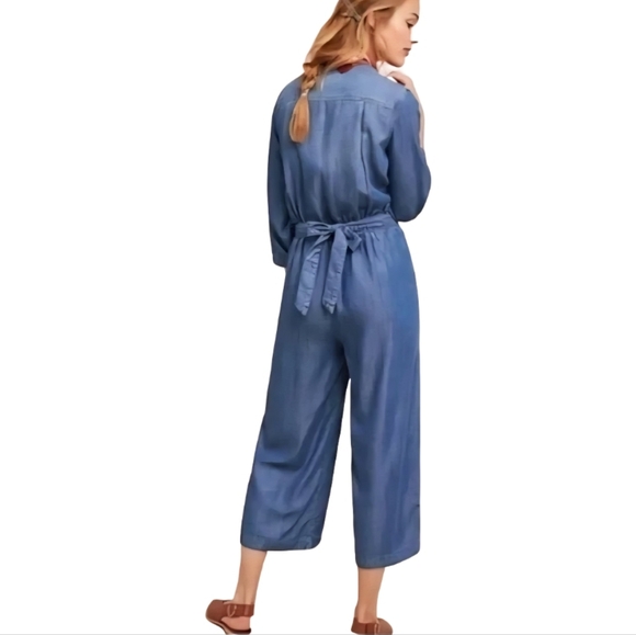 Anthropologie Cloth & Stone  Chambray Wrap Jumpsuit XS Blue Wide Leg Tie Waist - Picture 2 of 16